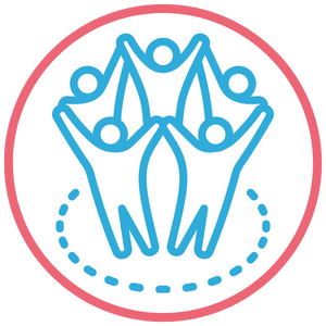 Blue line icon of two figures high-fiving beneath a glowing light bulb, representing teamwork, shared ideas, and creative problem-solving in children’s ABA therapy.