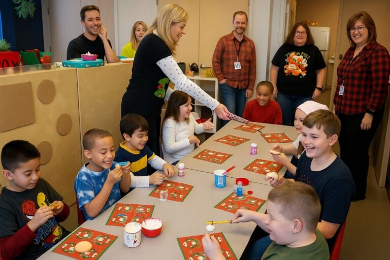 A group of children and therapists at MindWay ABA’s Learning Center in Carmel, Indiana, enjoy a Christmas party together, smiling and decorating crafts at a classroom table in a cheerful, festive environment.