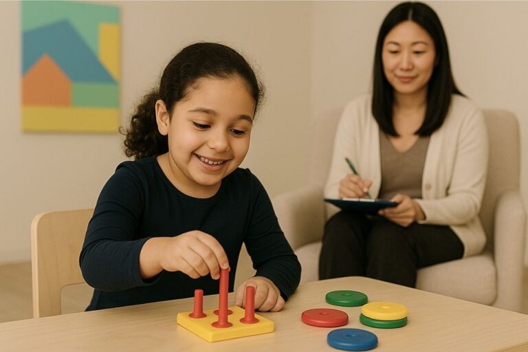 A young girl smiles while playing with colorful educational toys at a small table during an ABA therapy session. In the background, her therapist takes notes, observing the child’s focus and engagement — representing progress guided by data from brain mapping assessments.