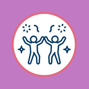 Simple blue line icon of two children raising their hands in celebration, surrounded by sparkles, inside a white circle with a coral border on a purple background — symbolizing joyful, play-based learning in ABA therapy.