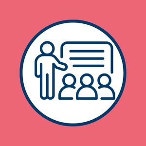 An illustrated icon showing a teacher figure pointing to a board in front of three students, symbolizing classroom learning and preparation for school success in MindWay ABA’s School Readiness Program.