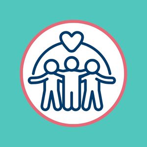 An illustrated icon of three people standing together under a heart, symbolizing friendship, connection, and emotional growth in MindWay ABA’s Social and Life Skills Program for children with autism.