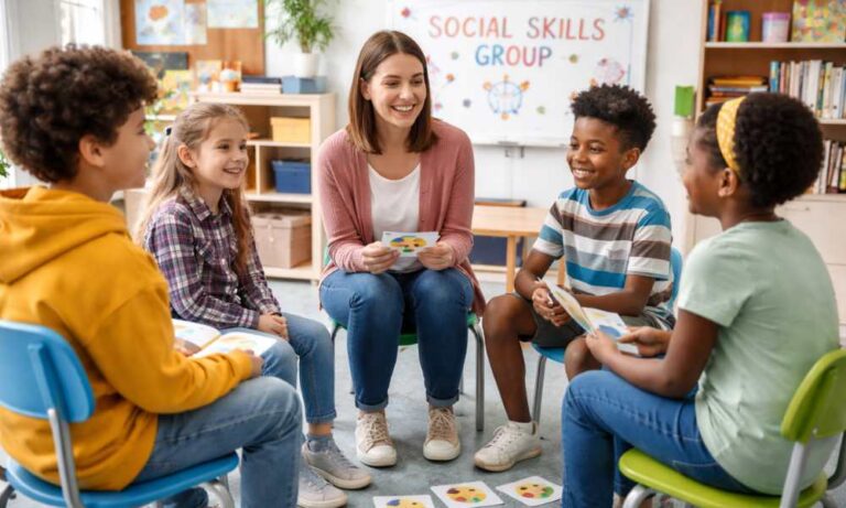 A group of kids sitting in a circle during their social skills group ABA session