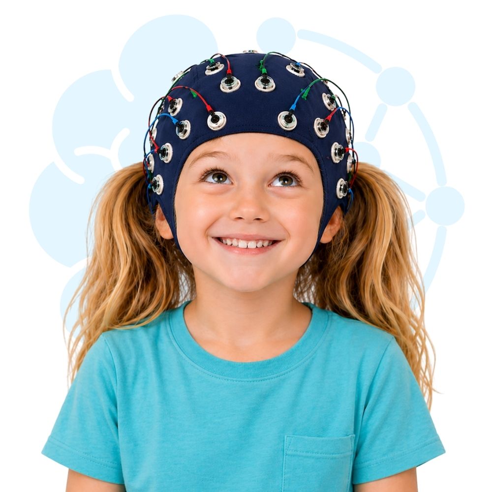 A young girl in a brain mapping cap being tested for ADHD in Carmel, IN.
