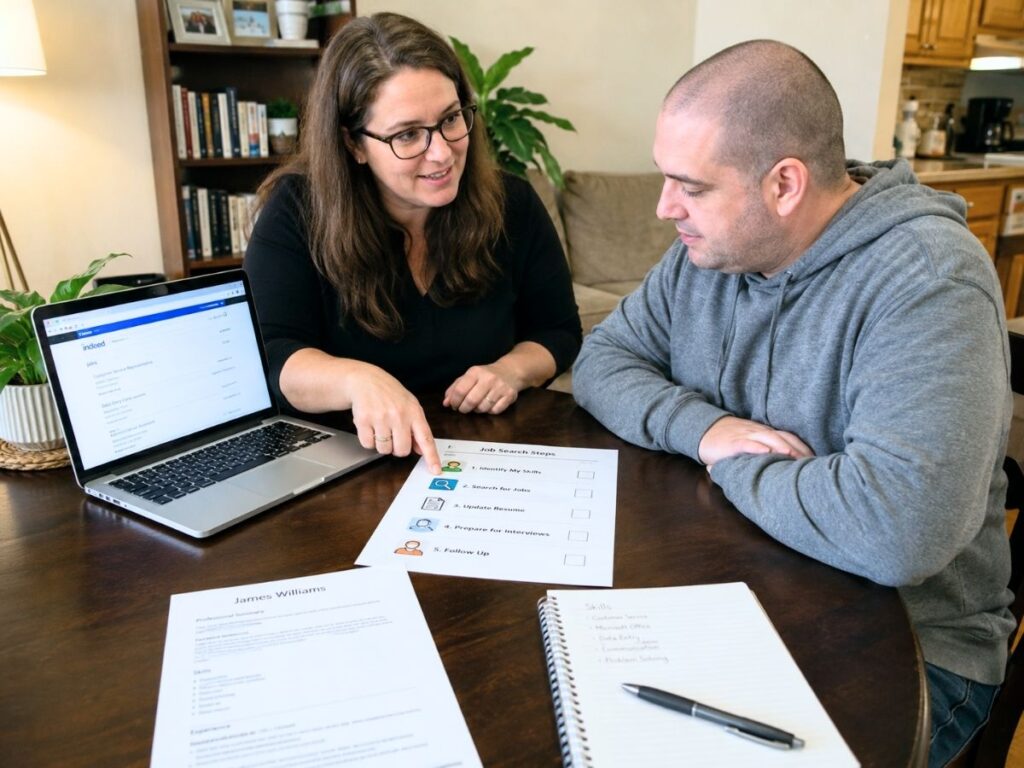 An ABA therapist supporting an autistic adult in his job search in Carmel, IN.