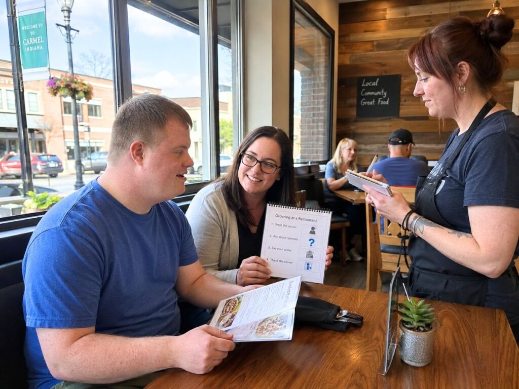 ABA therapist supports an adult in Carmel, IN art district ordering at a restaurant.