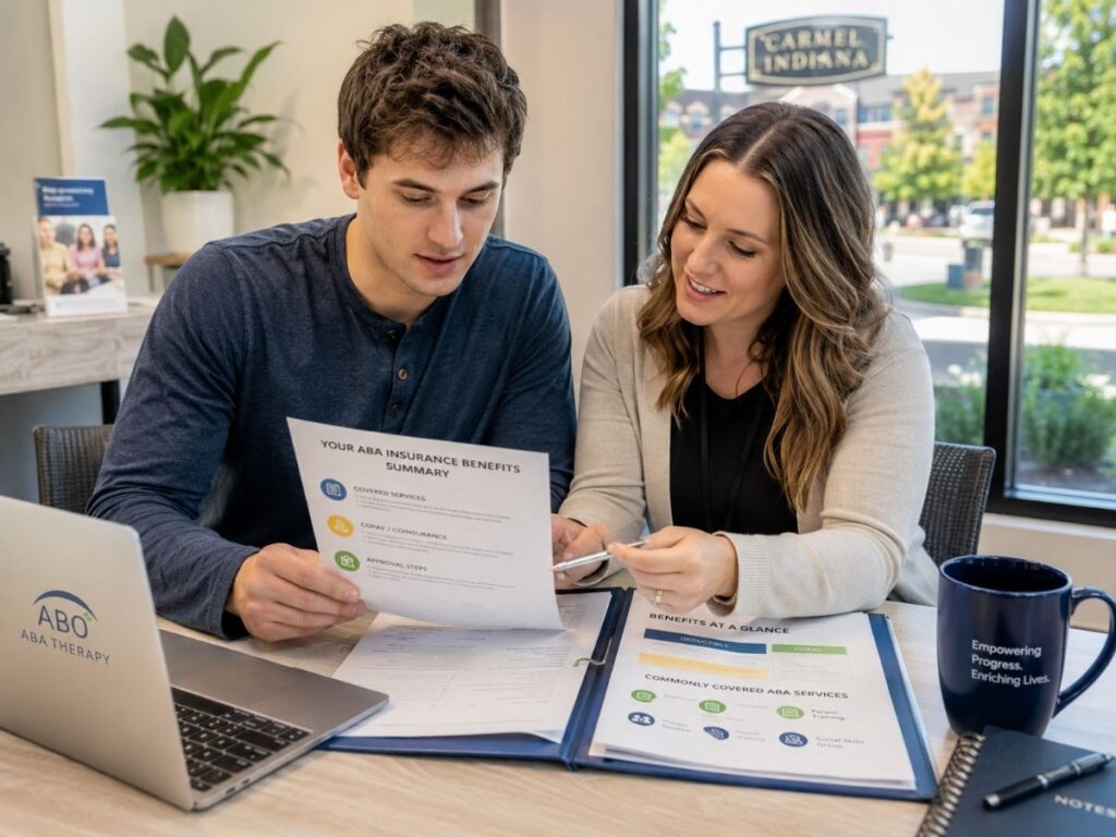 An ABA therapist helping an adult understand his insurance coverage for ABA therapy in Carmel, IN.