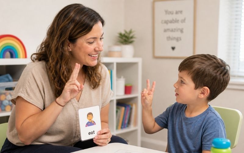 An applied behavior analysis therapist working with a client at MindWay ABA therapy in Carmel, IN