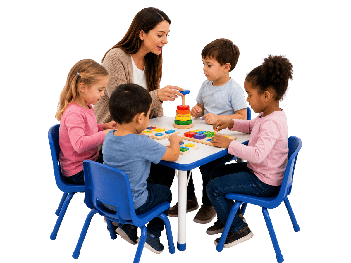 ABA therapist works with four children on play-based learning at a center-based therapy table.