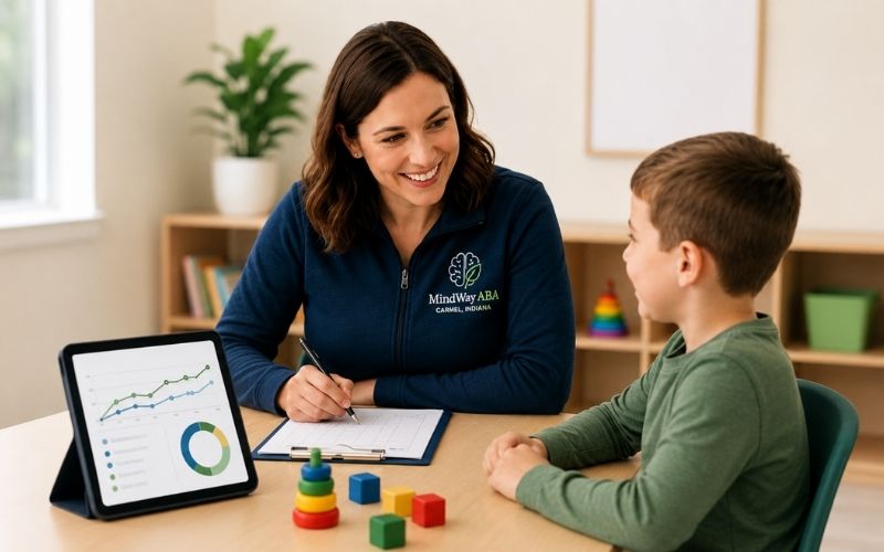 Therapist smiles while working with a young child at a therapy table, with progress charts on a tablet and colorful learning toys in a bright ABA therapy room.