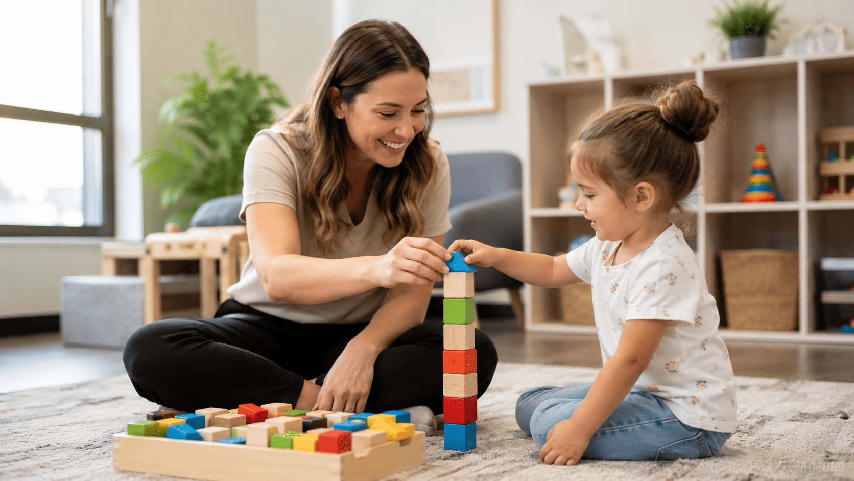 ABA therapist helping a young child build with colorful blocks in a Carmel therapy room